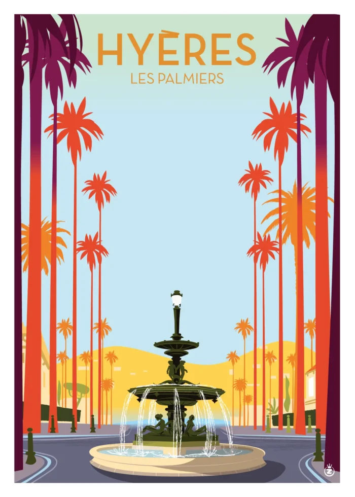 Affiche de la Fontaine Godillot d'Hyères entourée de palmiers par Monsieur Z