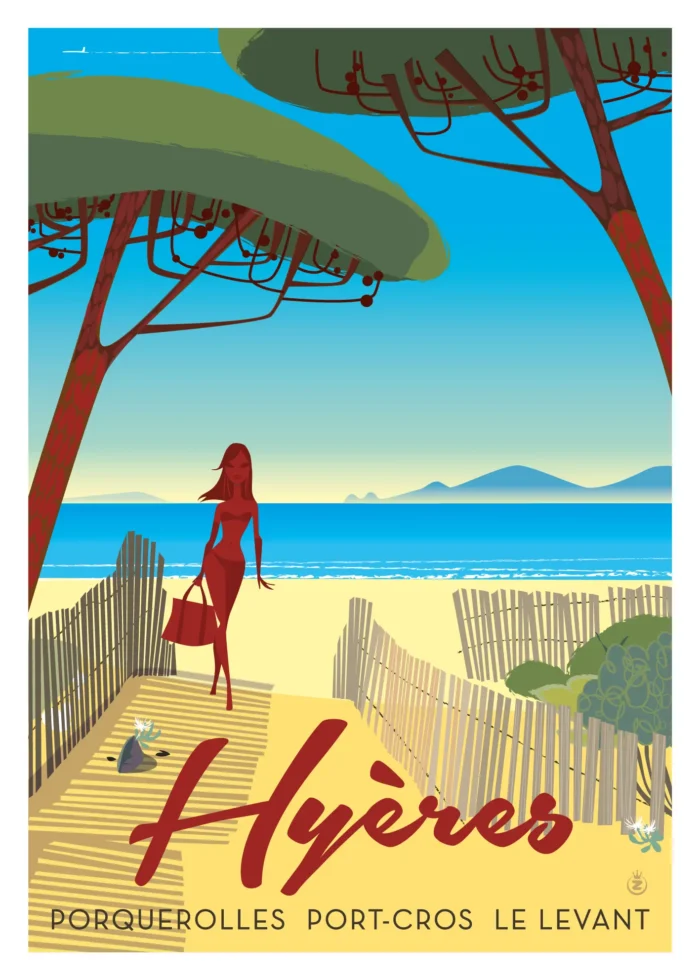 Affiche d'une femme entourée de pins parasols sur une plage d'Hyères par Monsieur Z