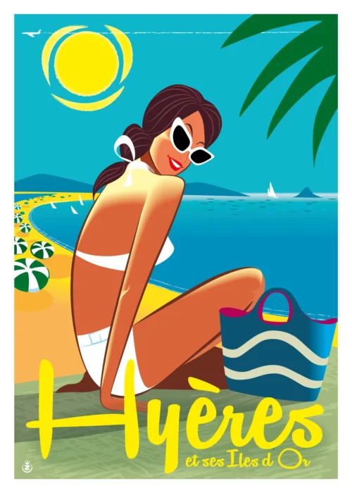006 hyères et ses iles d'or Soleil plage tourisme, femme, Affiche, Tirage Art, Digigraphie, Illustration, œuvre, Poster, Fine Art, Design. Monsieur Z