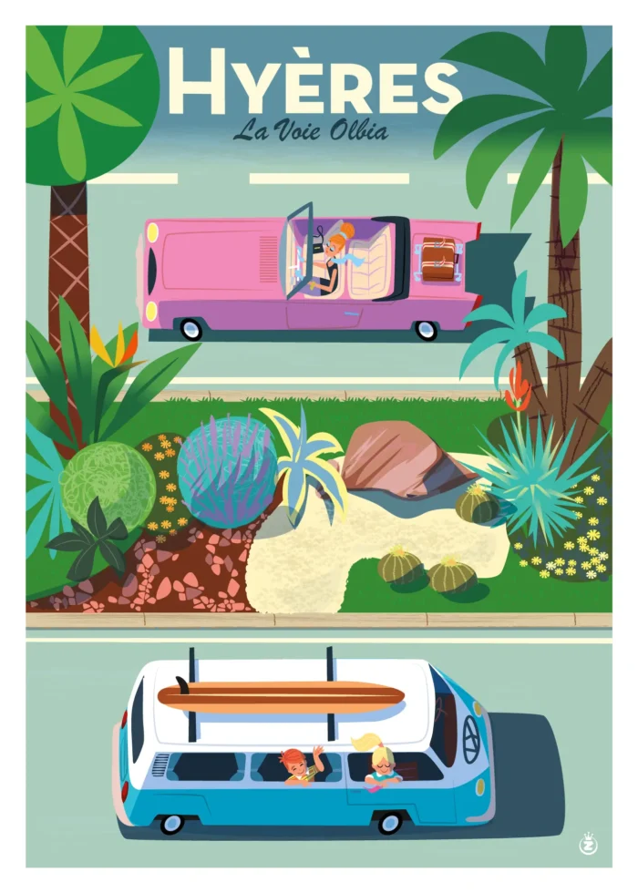 Affiche de la Voie Olbia bordée de palmiers à Hyères par Monsieur Z