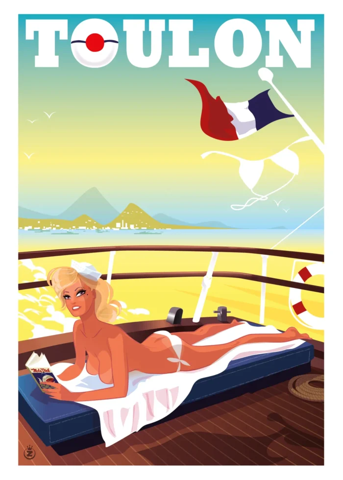 Affiche d'une jeune fille se prelassant sur le pont à Toulon par Monsieur Z