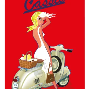 011-cassis porto fino, femme, mode, vespa, Affiche, Tirage Art, Digigraphie, Illustration, œuvre, Poster, Fine Art, Design. Monsieur Z