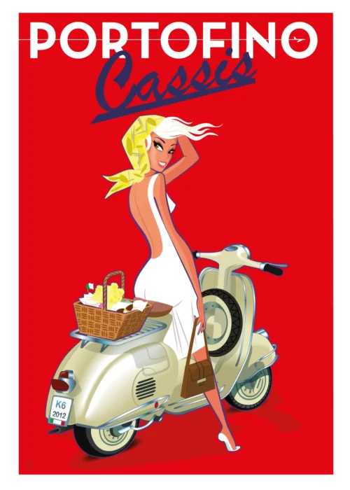 011-cassis porto fino, femme, mode, vespa, Affiche, Tirage Art, Digigraphie, Illustration, œuvre, Poster, Fine Art, Design. Monsieur Z