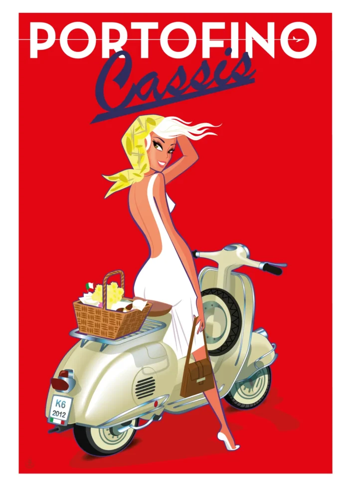 Affiche d'une femme au look italien sur un Vespa par Monsieur Z
