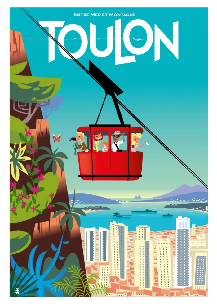 013-Toulon Téléphérique 013-Toulon téléphérique entre mer et montagne, toursime, côte d'azur, Affiche, Tirage Art, Digigraphie, Illustration, œuvre, Poster, Fine Art, Design. Monsieur Z