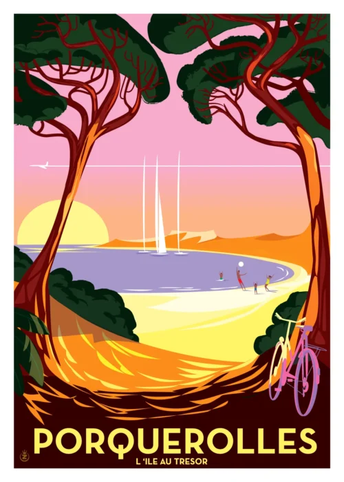 017-Porquerolles Rose, l'île au trésor, Affiche, Tirage Art, Digigraphie, Illustration, œuvre, Poster, Fine Art, Design. Monsieur Z