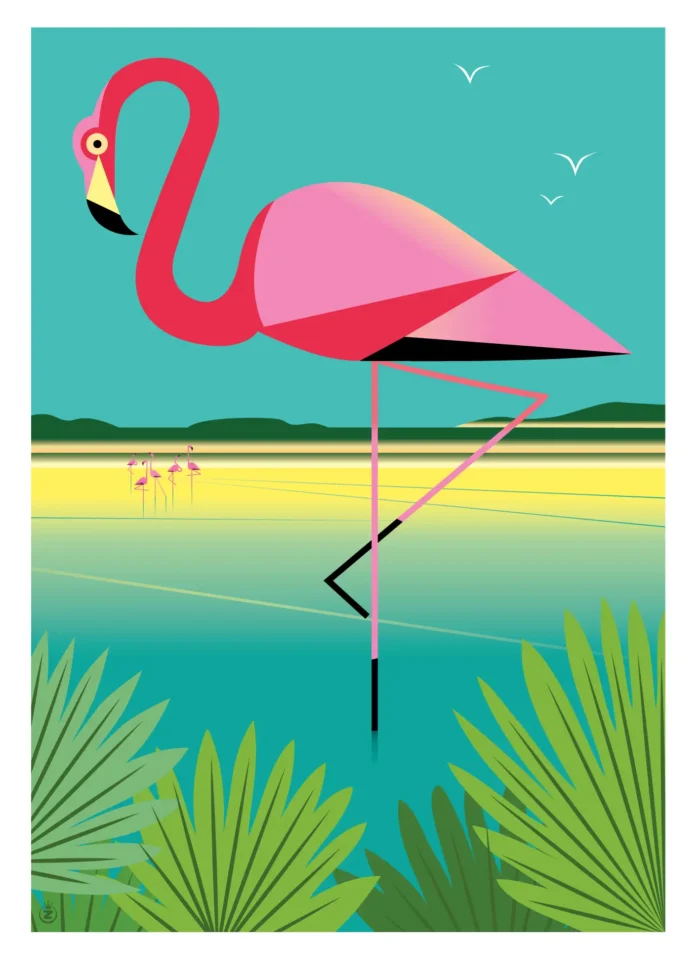 Affiche d'un flamant rose en équilibre sur une patte dans les salins de Hyères par Monsieur Z