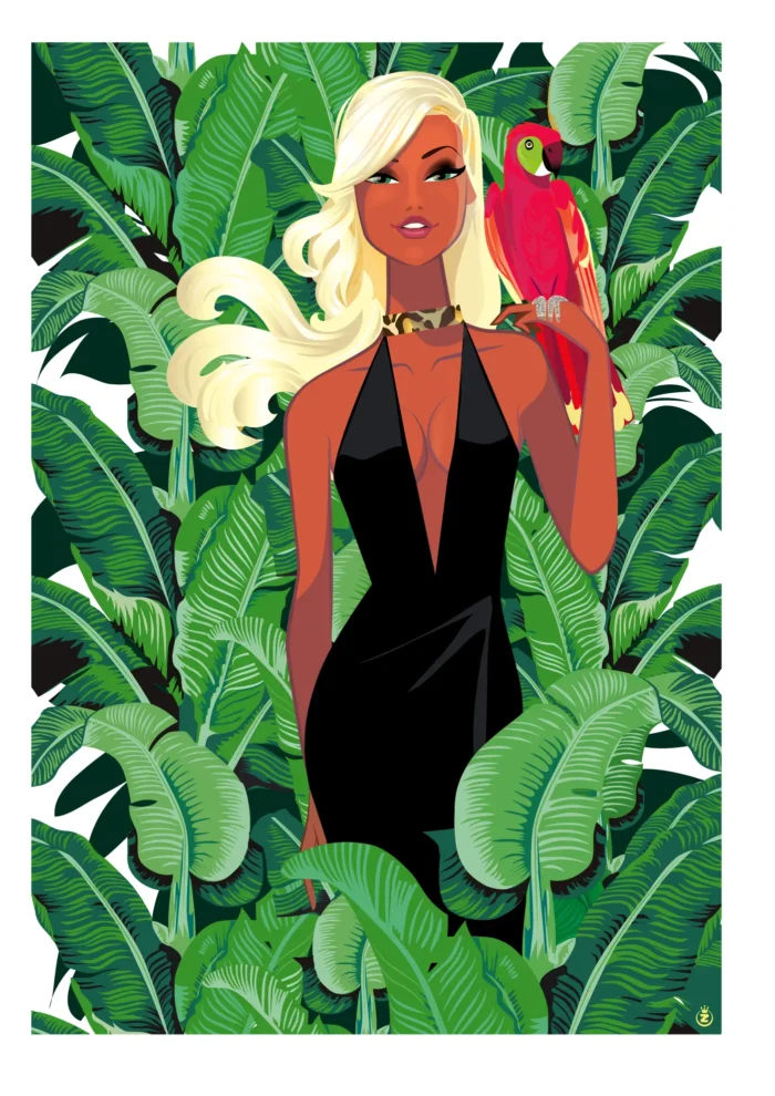 Affiche d'une femme avec un perroquet sur la main devant un fond de jungle par Monsieur Z