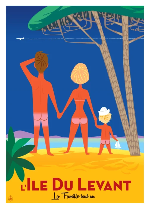 033-Ile du levant la famille tout nu, nudiste, fesse à l'air, Affiche, Tirage Art, Digigraphie, Illustration, œuvre, Poster, Fine Art, Design. Monsieur Z