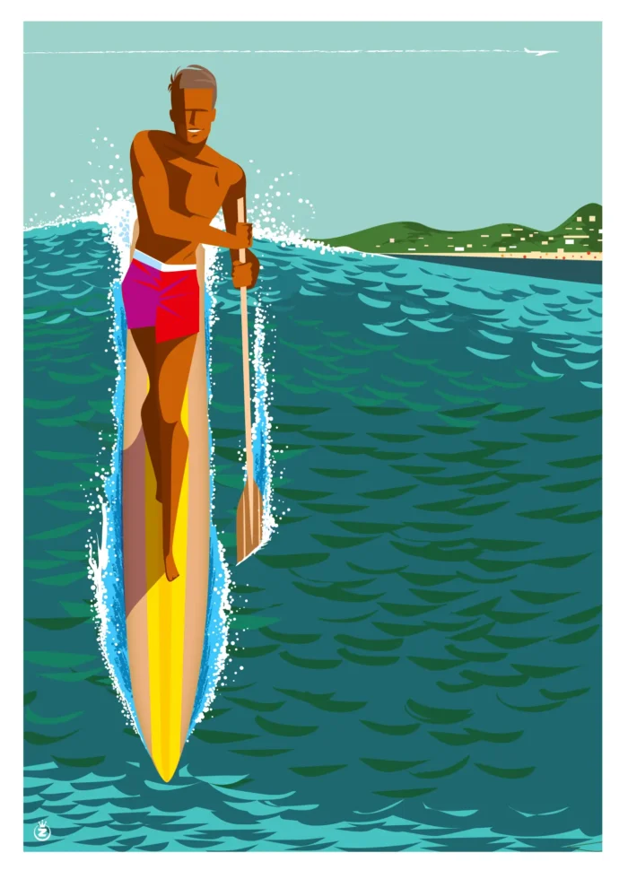 Affiche d'un homme glissant paisiblement sur sa planche de paddle par Monsieur Z