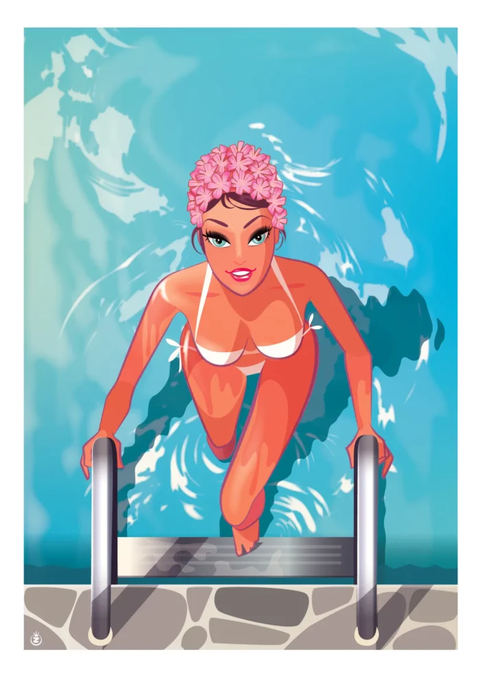 Affiche d'une baigneuse sortant de la piscine par Monsieur Z