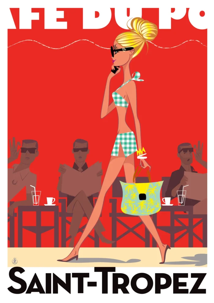 Affiche d'une femme élégante au café du port de Saint-Tropez par Monsieur Z