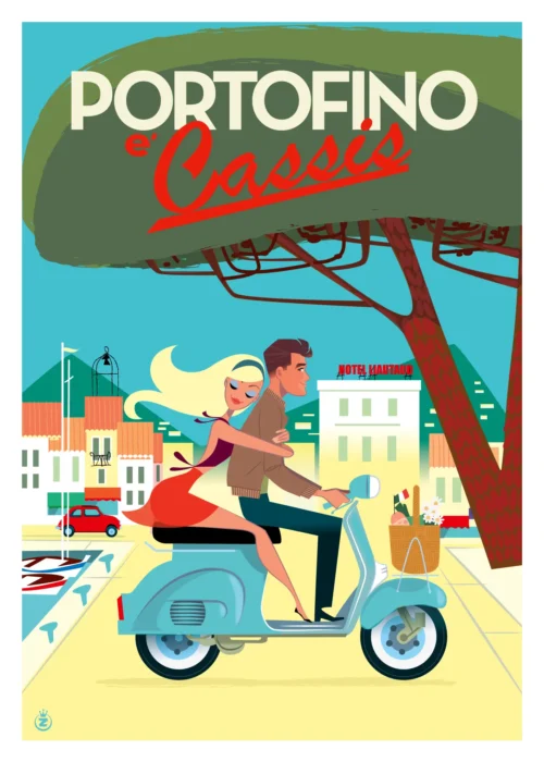 043-cassis couple scooter Affiche, Tirage Art, Digigraphie, Illustration, œuvre, Poster, Fine Art, Design. Monsieur Z