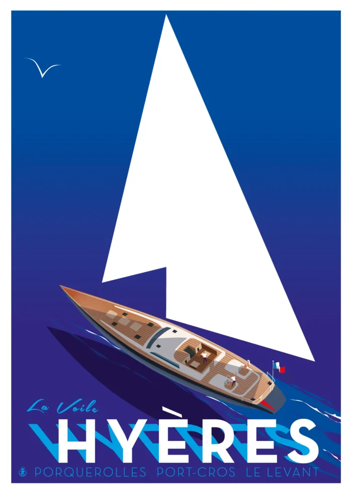 Affiche graphique d'un voilier sur une mer azur à Hyères par Monsieur Z