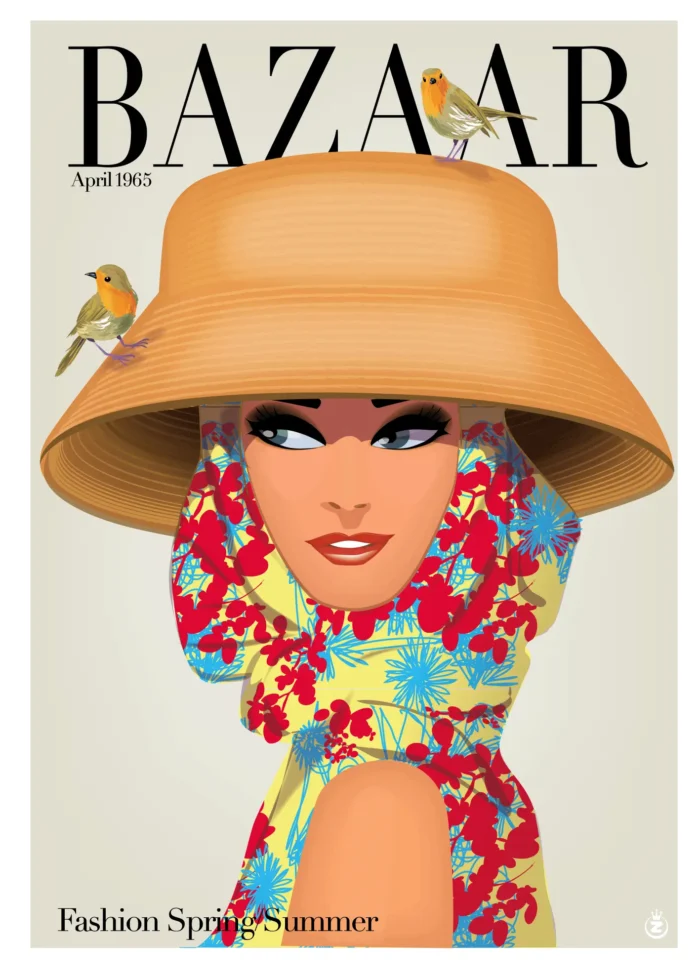 Affiche d'une femme au chapeau de paille orné de moineaux par Monsieur Z