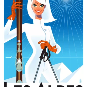 055-Alpes française fille blanc avec ski, Affiche, Tirage Art, Digigraphie, Illustration, œuvre, Poster, Fine Art, Design. Monsieur Z
