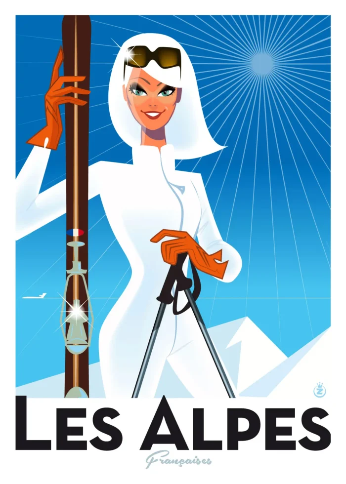 Affiche d'une skieuse vêtue de blanc posant face au massif alpin par Monsieur Z