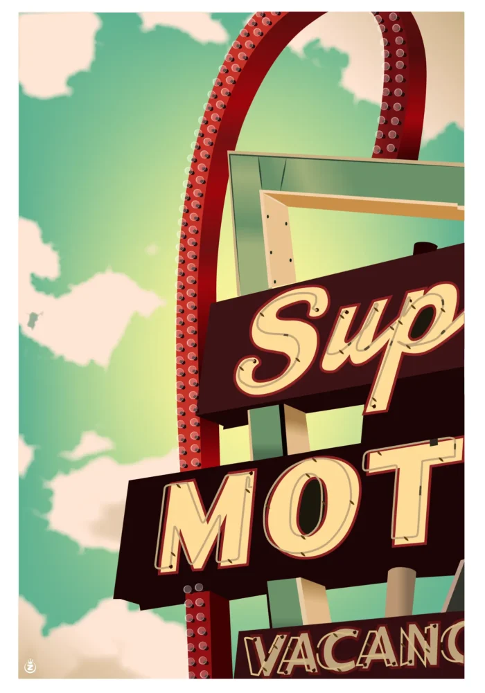 Affiche d'un fragment d'enseigne néon de motel sur ciel vert par Monsieur Z