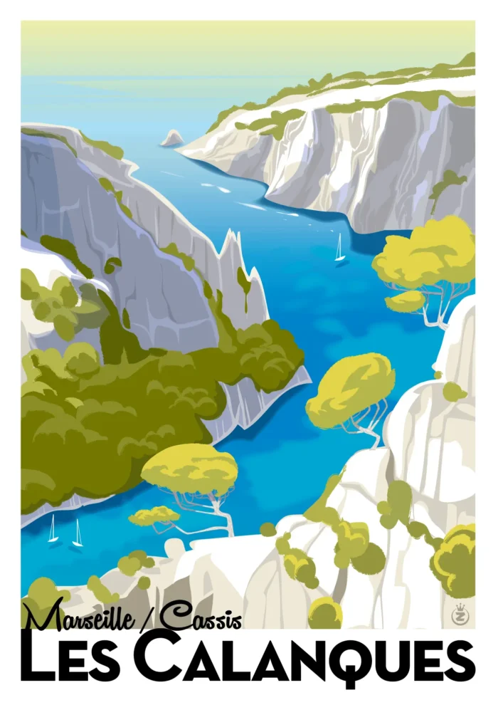 Affiche d'une vue plongeante sur les calanques de Marseille-Cassis par Monsieur Z