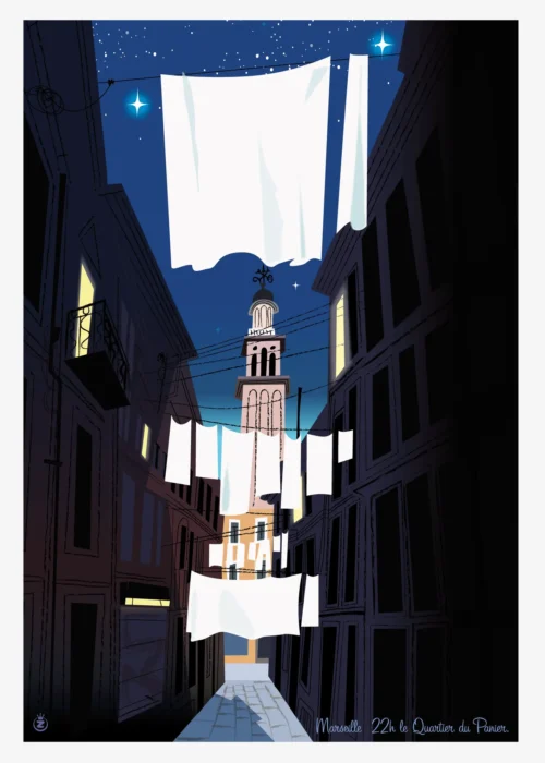 060-le panier Marseille 22h le quartier du panier, Affiche, Tirage Art, Digigraphie, Illustration, œuvre, Poster, Fine Art, Design. Monsieur Z