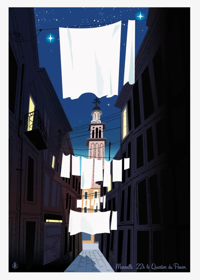 Affiche du quartier du Panier à Marseille de nuit avec des draps étendus par Monsieur Z