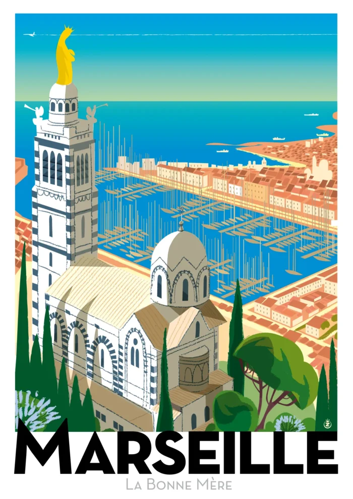 Affiche de la Bonne Mère dominant la cité phocéenne à Marseille par Monsieur Z