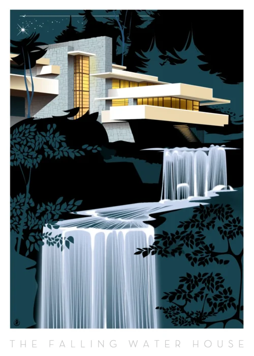 Affiche Falling Water House, illustration Mid Century Architecture frank lloyd wright, Affiche, Tirage Art, Digigraphie, Illustration, œuvre, Poster, Fine Art, Design. Monsieur Z