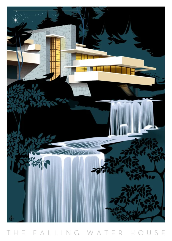 067-falling water house Monsieur Z Affiche de la Fallingwater House de Frank Lloyd Wright par Monsieur Z