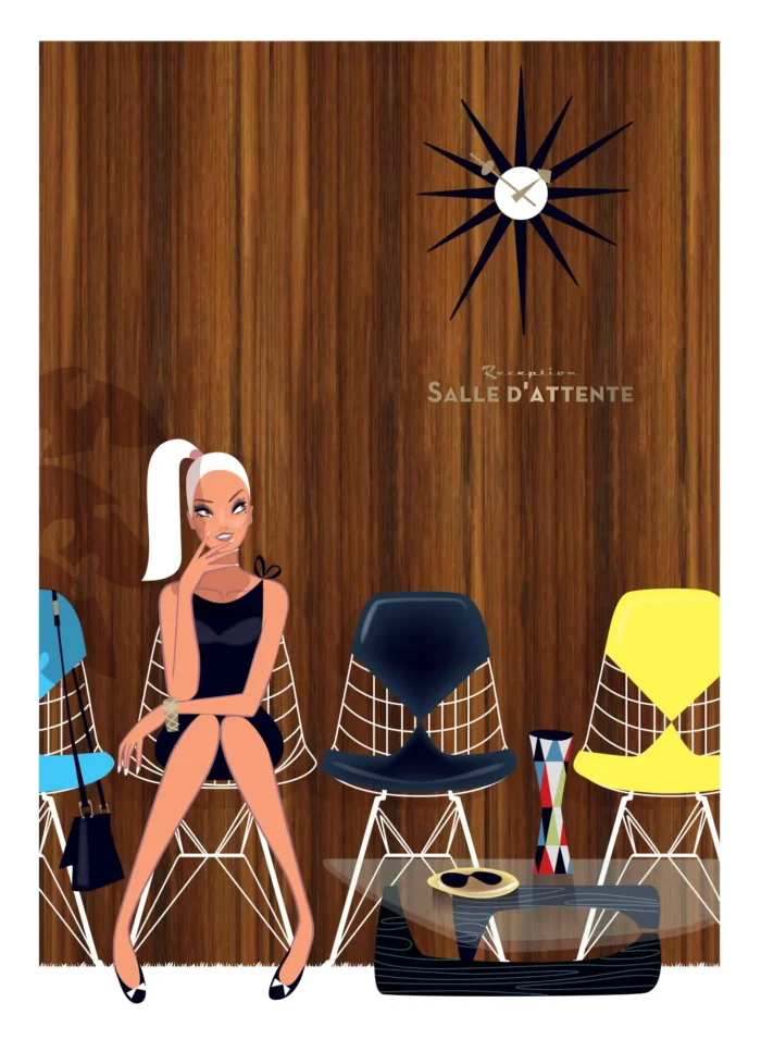 Affiche d'une femme dans une salle d'attente au style Mid-Century par Monsieur Z