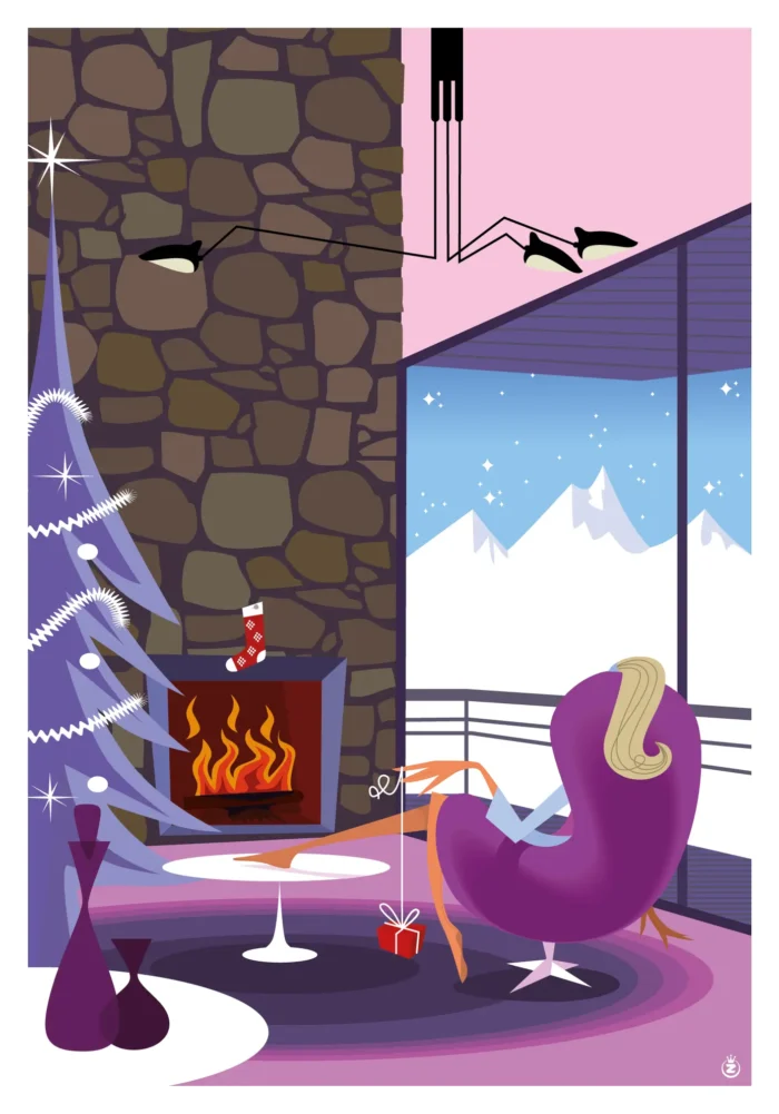 Affiche d'un chalet stylisé années 80 avec coin feu et vue sur la montagne par Monsieur Z