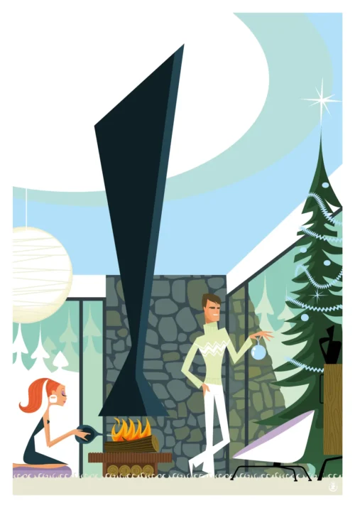 073-Megeve mid-century, ski, neige, noël, Affiche, Tirage Art, Digigraphie, Illustration, œuvre, Poster, Fine Art, Design. Monsieur Z