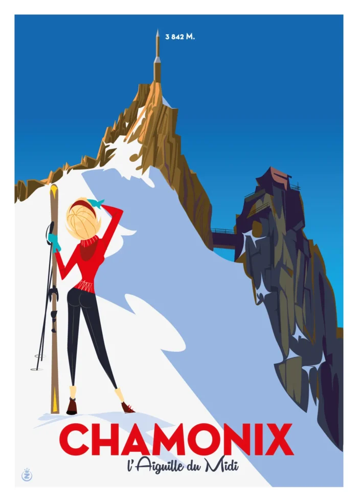 Affiche d'une femme de dos contemplant l'Aiguille du Midi à Chamonix par Monsieur Z