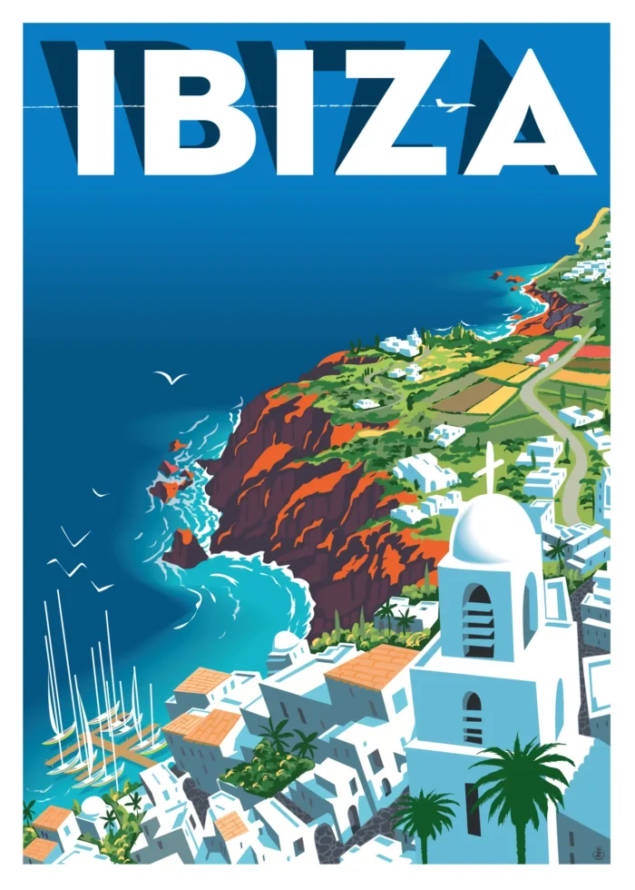 Affiche d'une crique d'Ibiza vue de haut par Monsieur Z