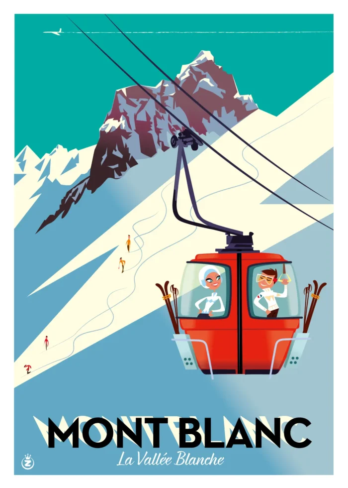 Affiche d'une cabine rouge montant vers les sommets du massif du Mont-Blanc par Monsieur Z
