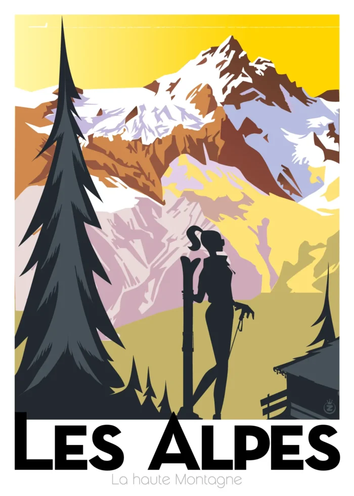 Affiche d'une femme contemplant les hautes montagnes des Alpes par Monsieur Z
