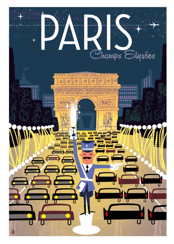 Affiche des Champs-Élysées de nuit et des phares de voitures par Monsieur Z