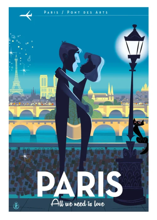 090-Paris love Pont des Arts, all we nee is love, Affiche, Tirage Art, Digigraphie, Illustration, œuvre, Poster, Fine Art, Design. Monsieur Z