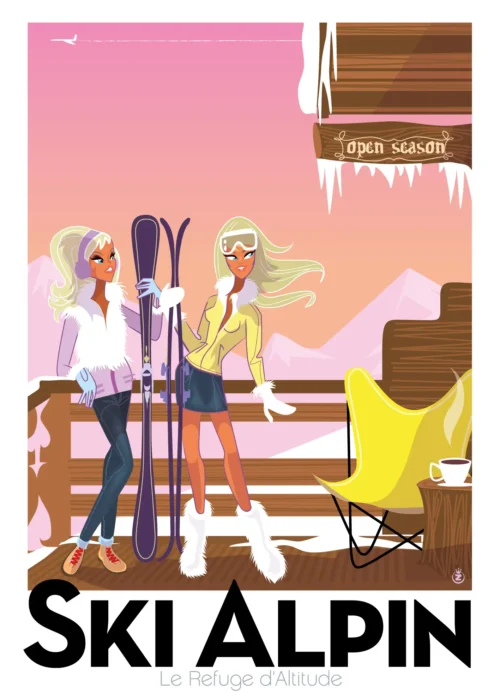 096-Le refuge d'altitude ski Alpin, Affiche, Tirage Art, Digigraphie, Illustration, œuvre, Poster, Fine Art, Design. Monsieur Z