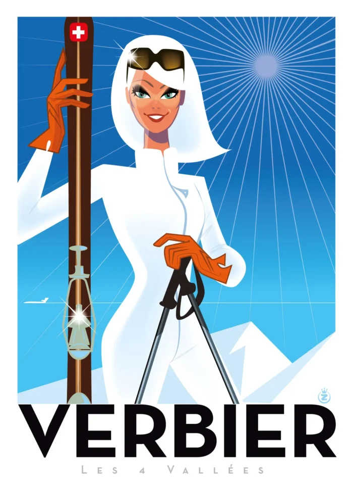 Affiche d'une femme en blanc devant le domaine des 4 Vallées de Verbier par Monsieur Z