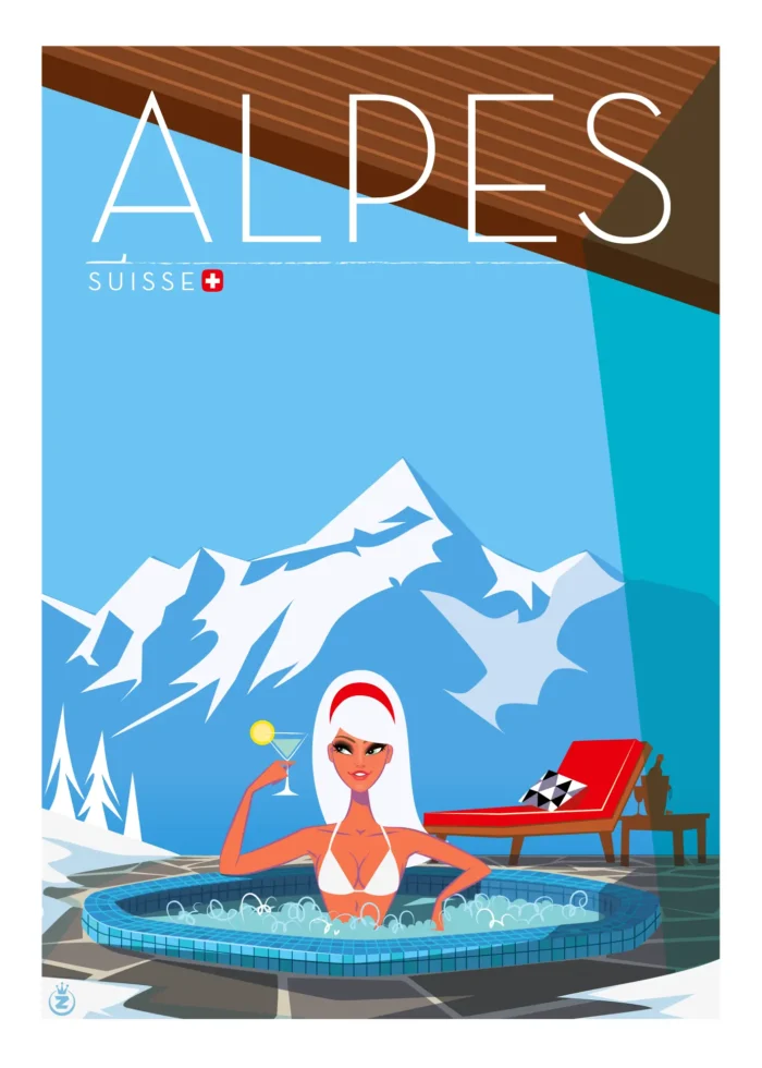 Affiche d'une femme élégante dans un jacuzzi au cœur des Alpes suisses par Monsieur Z