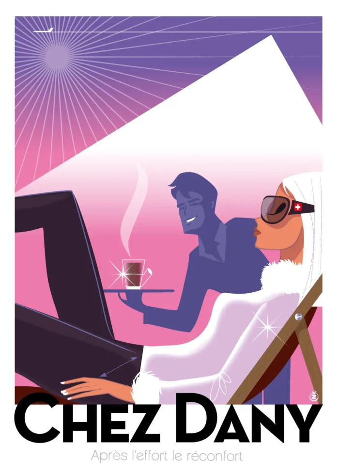 Affiche d'une pause boisson chaude chez Dany au milieu des pistes par Monsieur Z