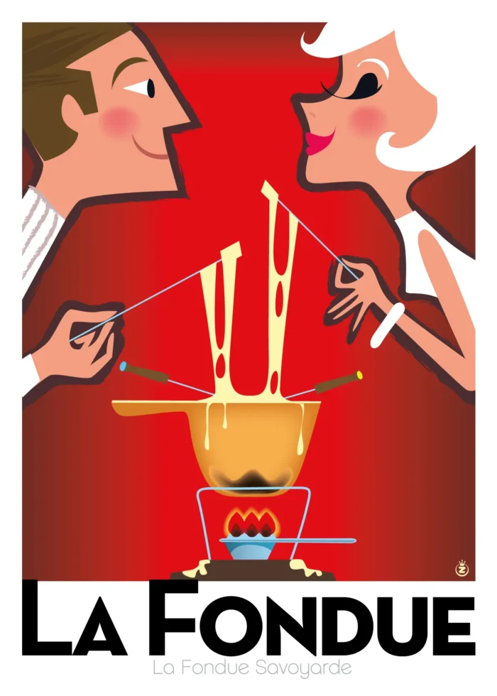Affiche d'une fondue au fromage, symbole de convivialité montagnarde, par Monsieur Z