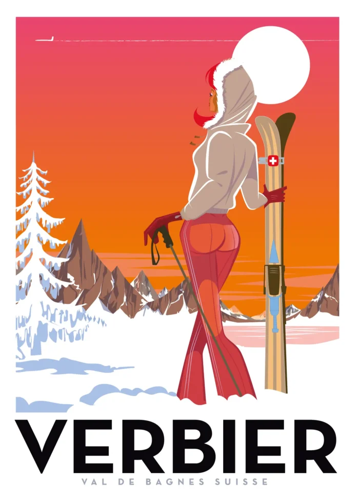 Affiche d'une femme de dos contemplant le Val de Bagnes à Verbier par Monsieur Z
