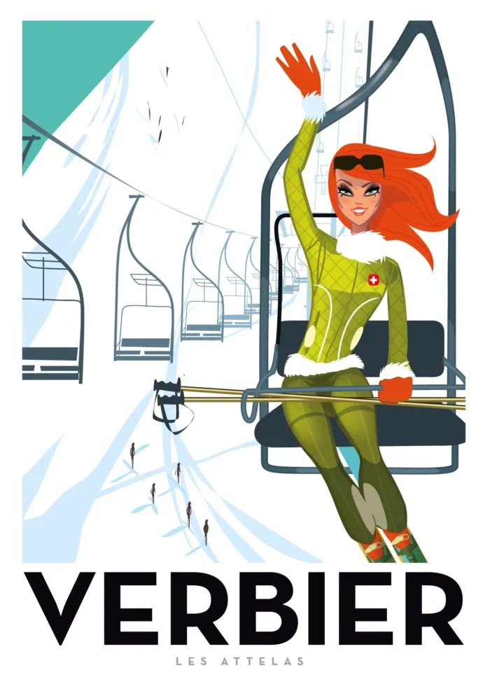 Affiche d'une femme saluant depuis un télésiège vers Les Attelas à Verbier par Monsieur Z