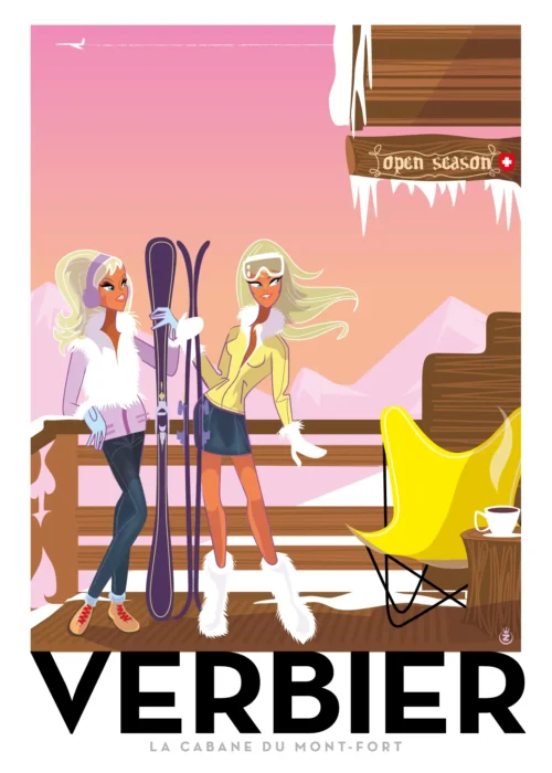 107-Verbier-la cabane du mont fort skieuse, Affiche, Tirage Art, Digigraphie, Illustration, œuvre, Poster, Fine Art, Design. Monsieur Z