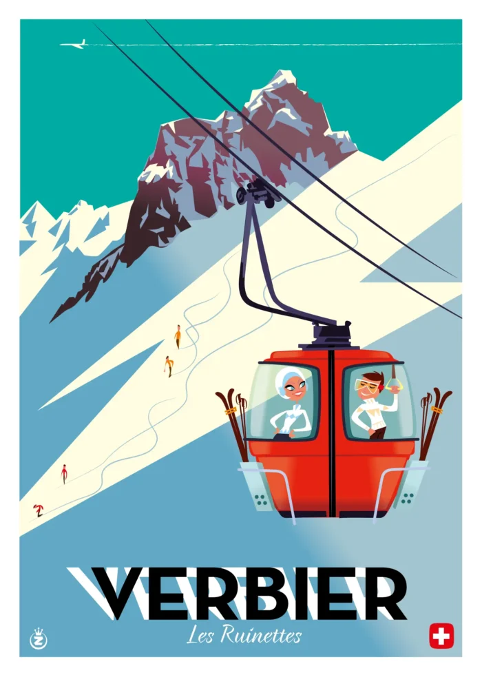 Affiche de la cabine rouge des Ruinettes montant vers le sommet à Verbier par Monsieur Z