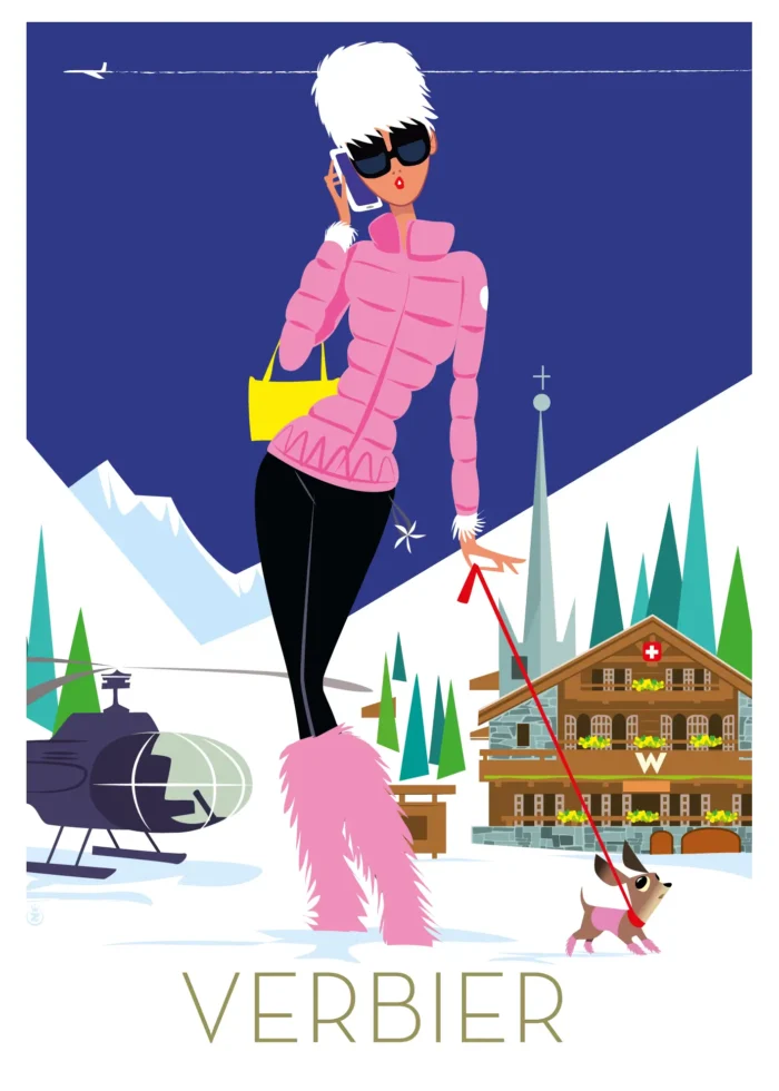 Affiche d'une femme élégante au téléphone avec son chihuahua, esprit W Verbier, par Monsieur Z