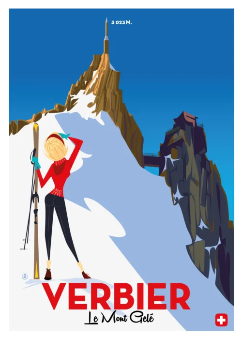 110-Verbier mont gelé, suisse 3023m, Affiche, Tirage Art, Digigraphie, Illustration, œuvre, Poster, Fine Art, Design. Monsieur Z