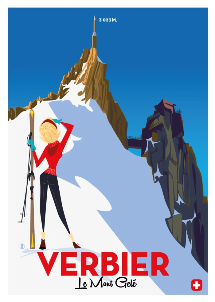 Affiche d'une femme contemplant le sommet du Mont-Gelé à Verbier par Monsieur Z