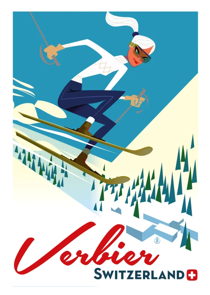 Affiche d'une skieuse dévalant à toute allure une piste de Verbier par Monsieur Z